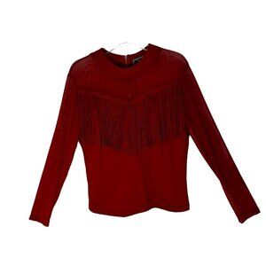 Vivid Women's Red Fringe Western Long Sleeve Top Size L Sheer Bodice and Sleeves